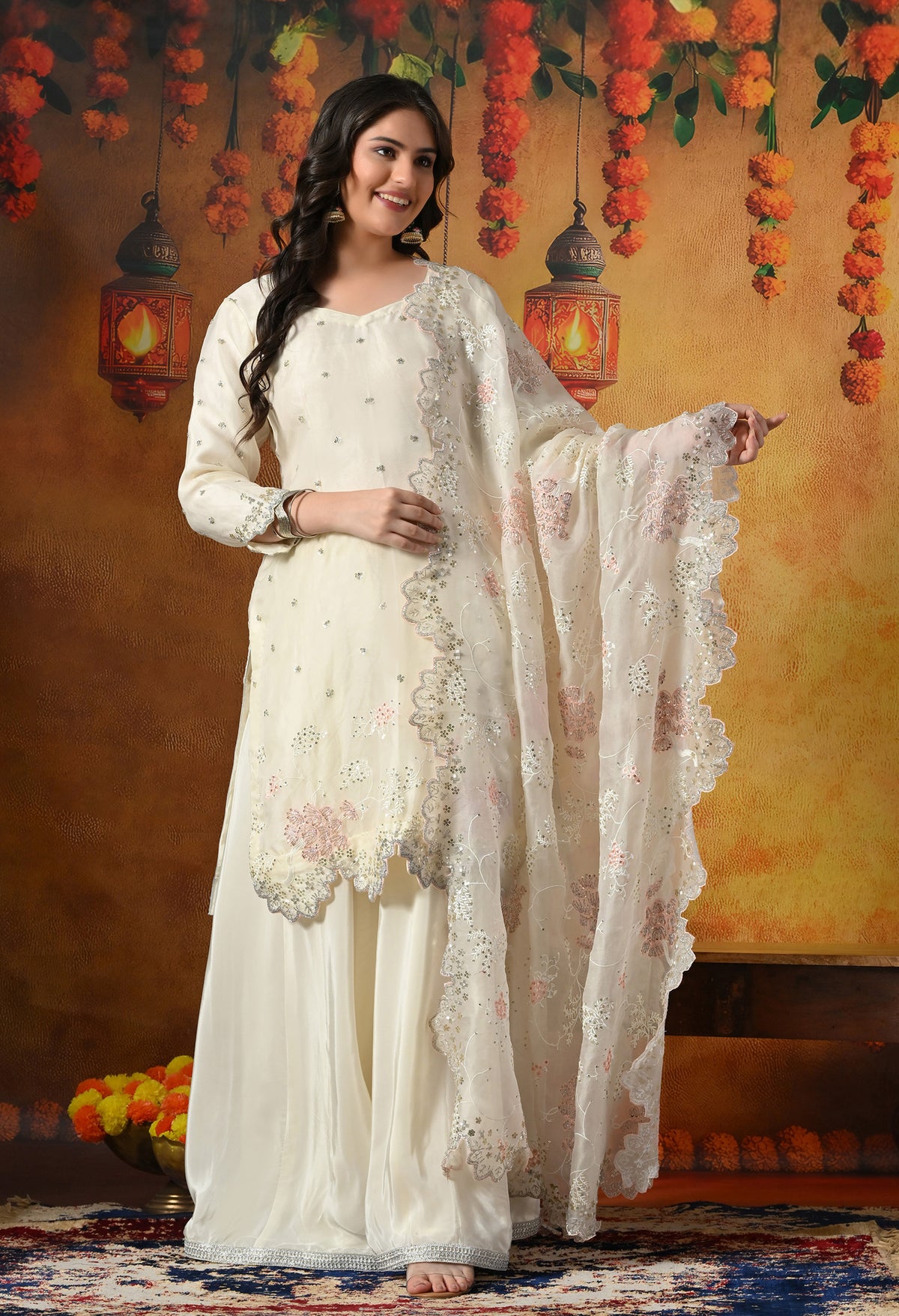 Ivory White Sharara Set With Thread, Sequin & Cutdana Work