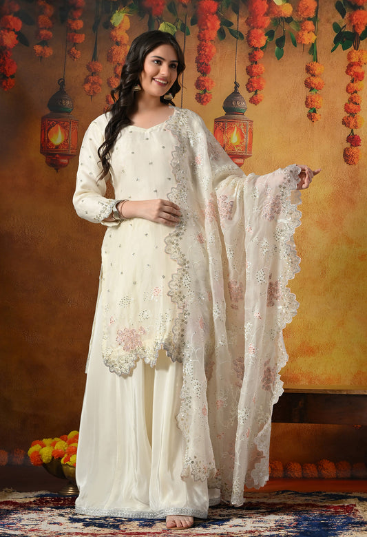 Ivory White Sharara Set With Thread, Sequin & Cutdana Work