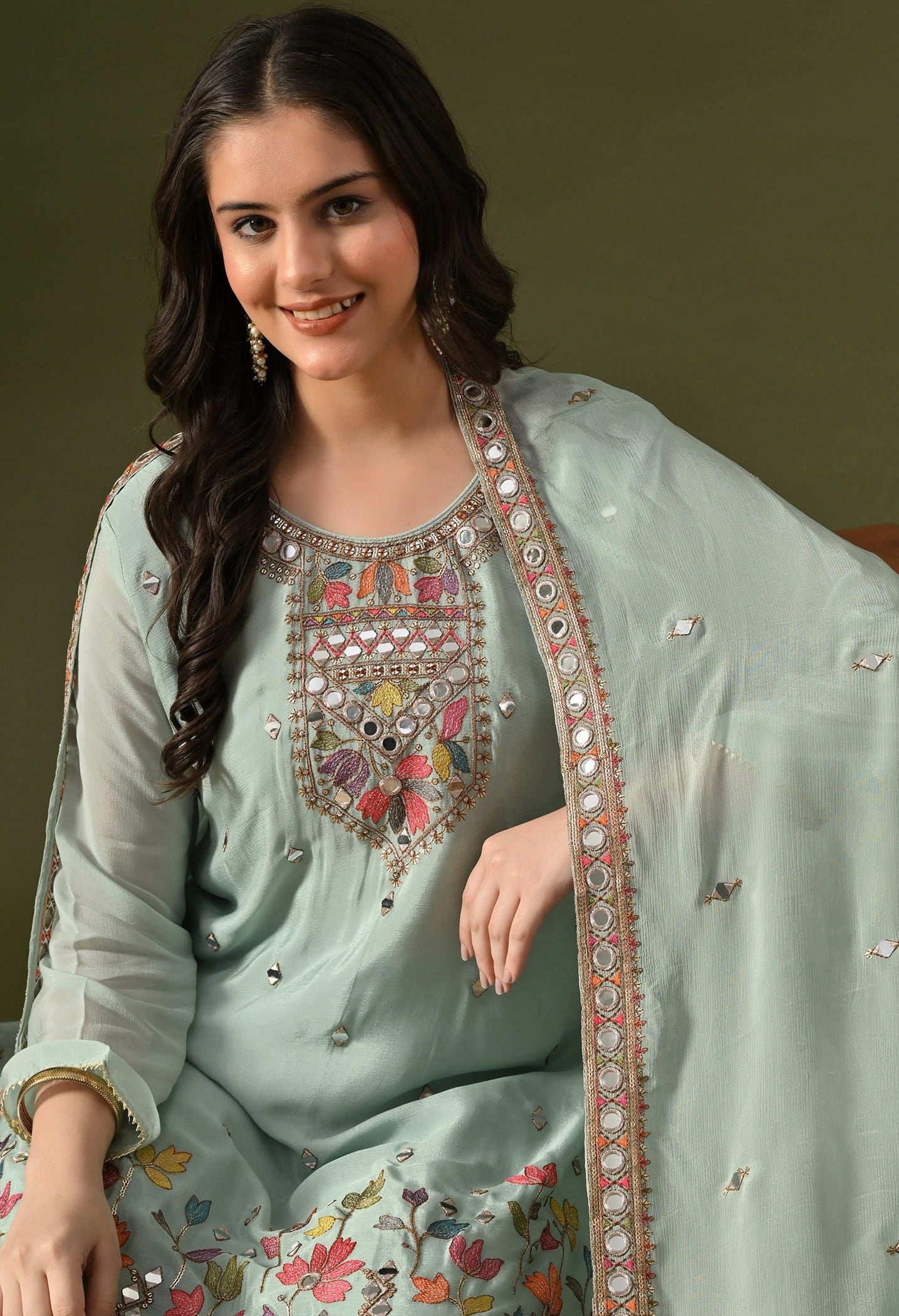 Aqua Blue Sharara Set with Thread, Zardozi, Mirror & Sequin Work.