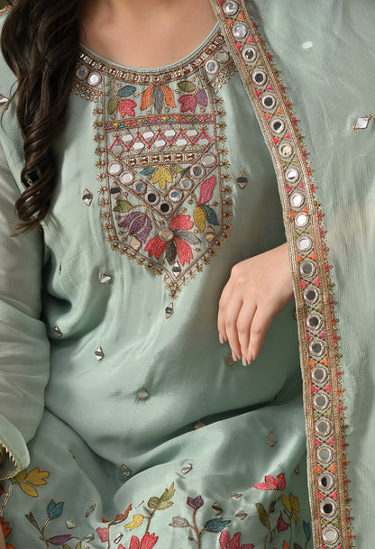Aqua Blue Sharara Set with Thread, Zardozi, Mirror & Sequin Work.
