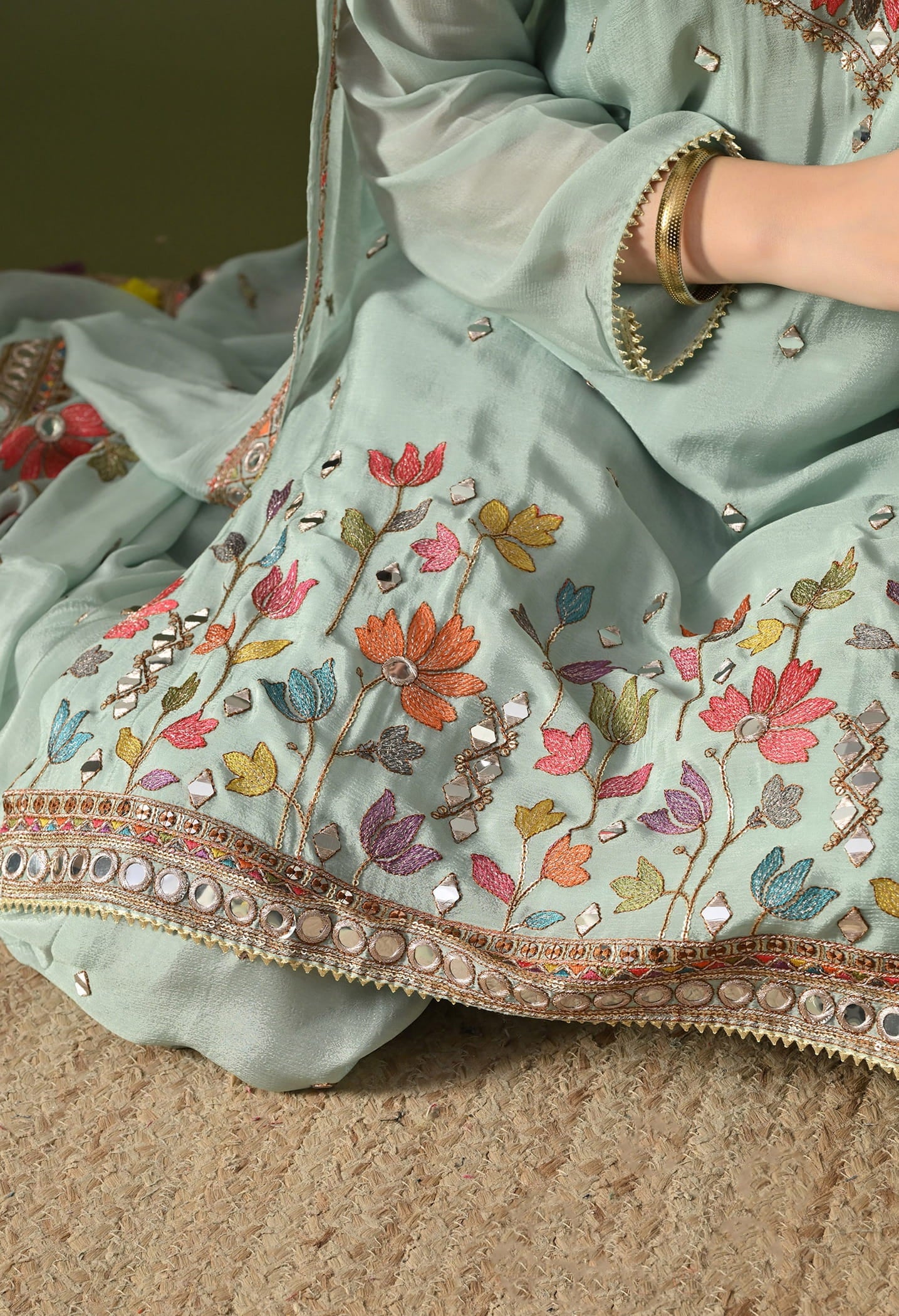 Aqua Blue Sharara Set with Thread, Zardozi, Mirror & Sequin Work.