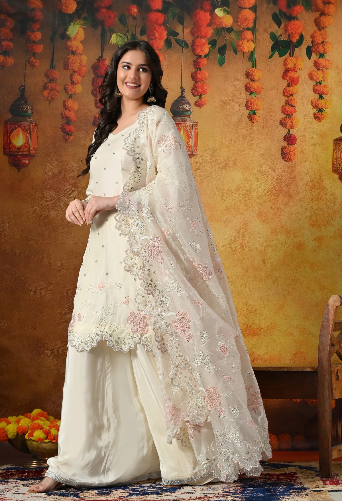 Ivory White Sharara Set With Thread, Sequin & Cutdana Work