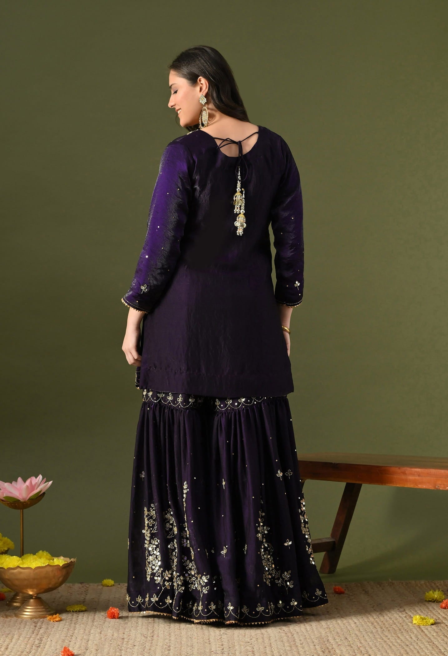 Dark Purple Gharara Set with Mirror, Cutdana & Sequin Work.