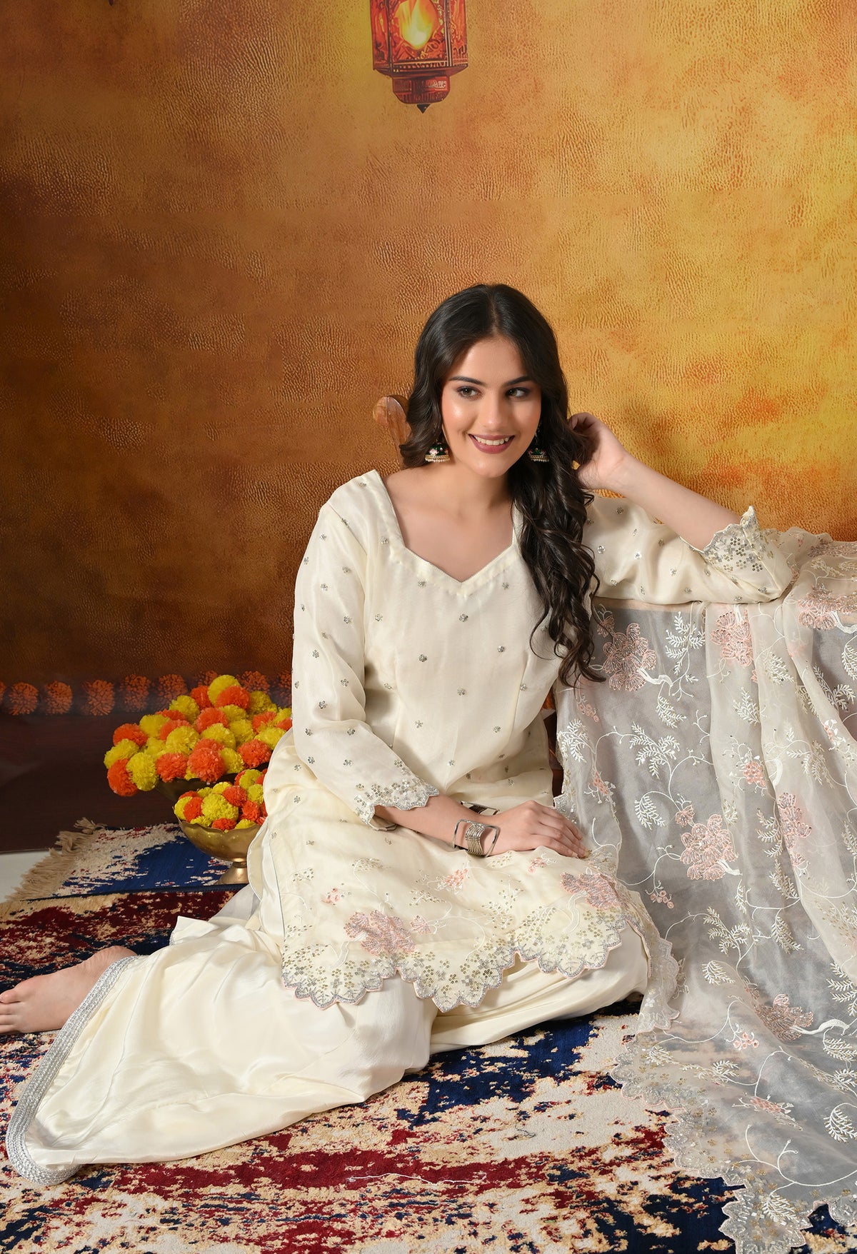 Ivory White Sharara Set With Thread, Sequin & Cutdana Work