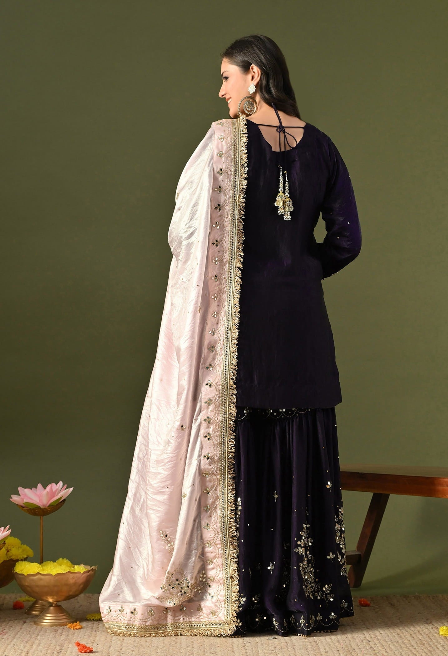 Dark Purple Gharara Set with Mirror, Cutdana & Sequin Work.