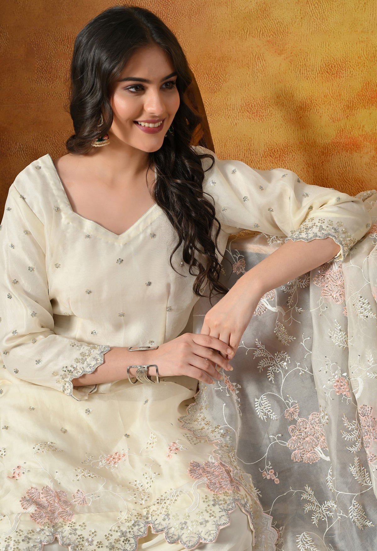Ivory White Sharara Set With Thread, Sequin & Cutdana Work