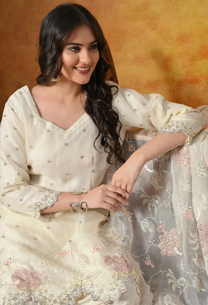 Ivory White Sharara Set With Thread, Sequin & Cutdana Work
