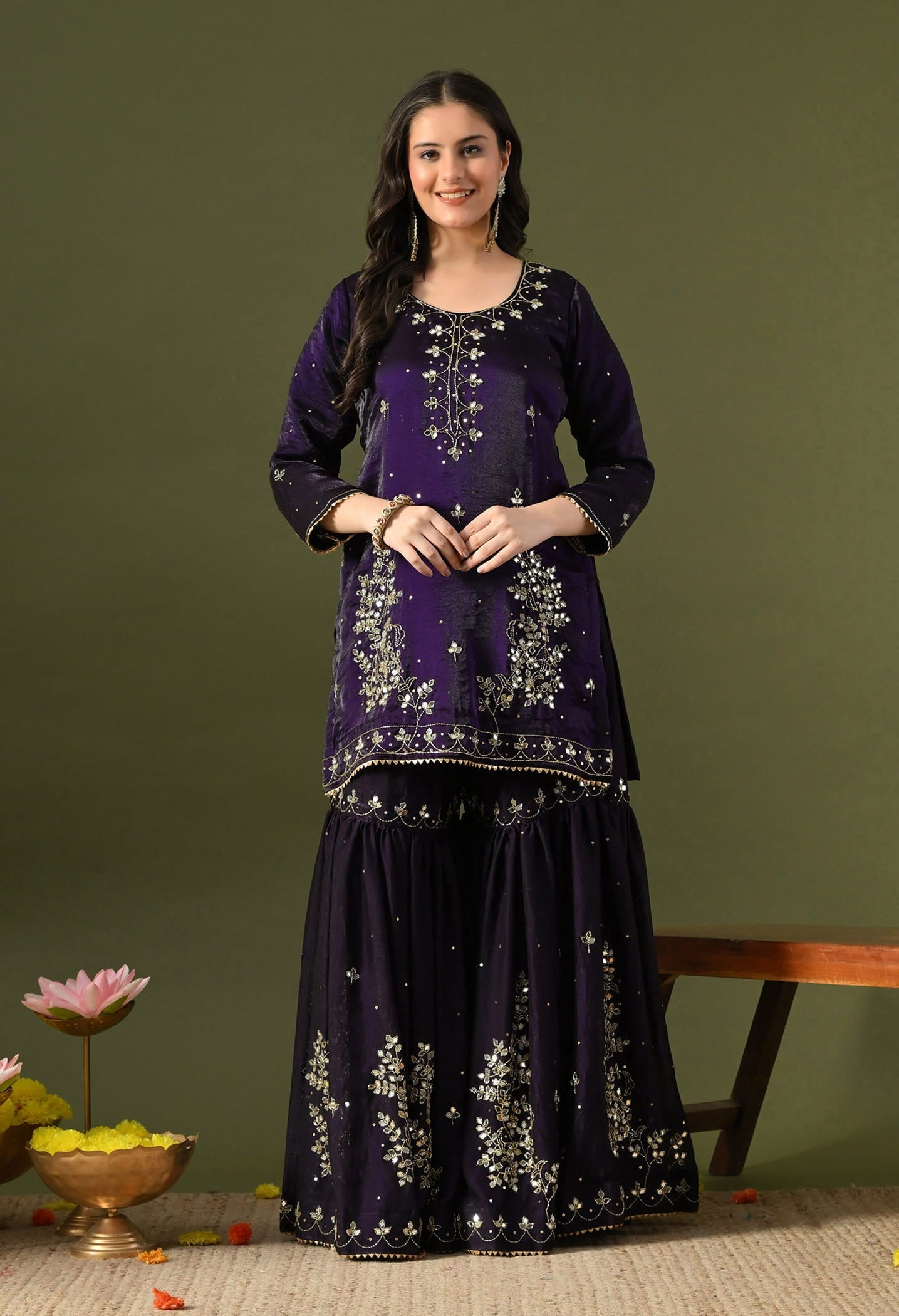 Dark Purple Gharara Set with Mirror, Cutdana & Sequin Work.
