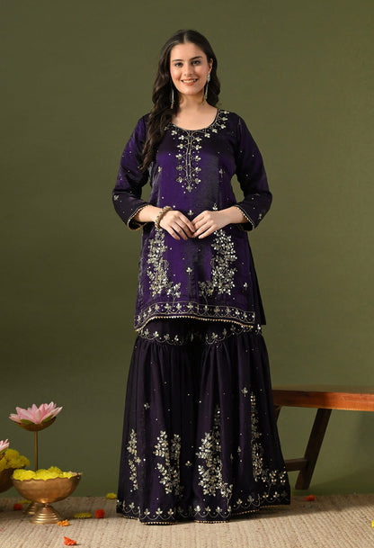 Dark Purple Gharara Set with Mirror, Cutdana & Sequin Work.