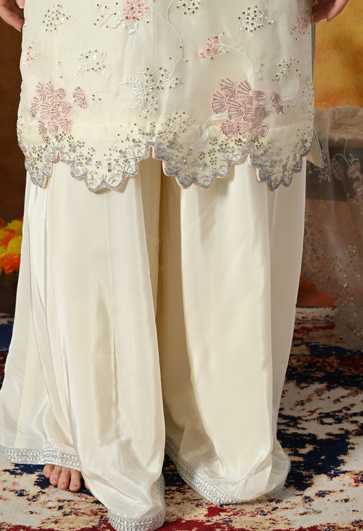 Ivory White Sharara Set With Thread, Sequin & Cutdana Work