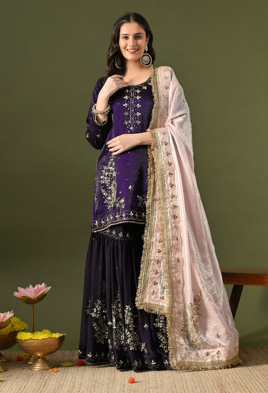 Dark Purple Gharara Set with Mirror, Cutdana & Sequin Work.