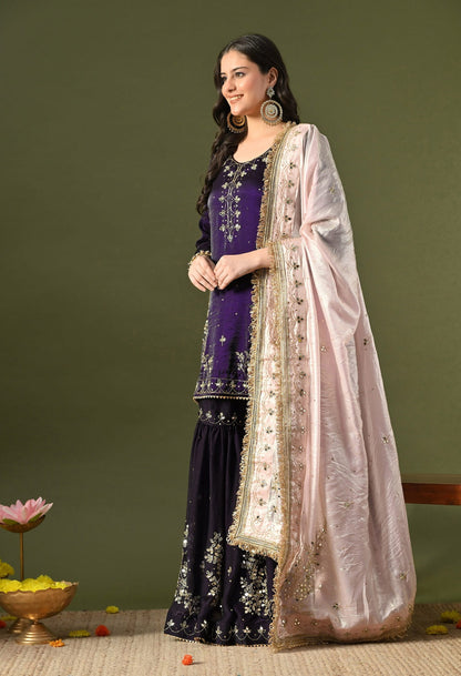 Dark Purple Gharara Set with Mirror, Cutdana & Sequin Work.