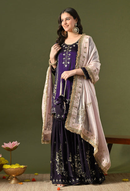 Dark Purple Gharara Set with Mirror, Cutdana & Sequin Work.