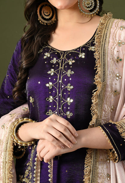 Dark Purple Gharara Set with Mirror, Cutdana & Sequin Work.
