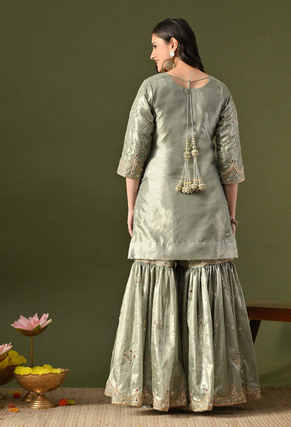 Green Gharara Set with Zardozi, Dabka, Sequin, Pearl & Kundan Work.