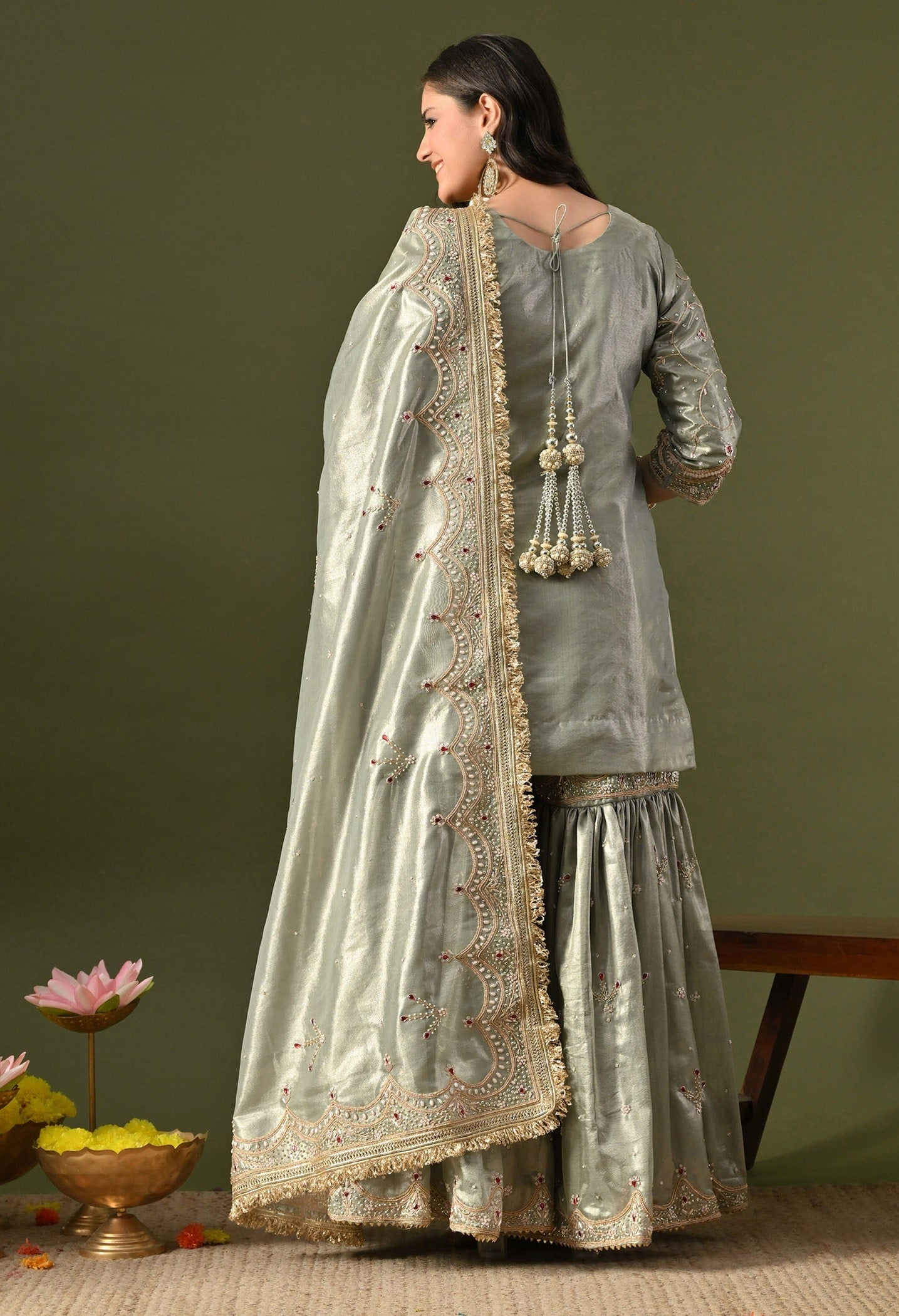 Green Gharara Set with Zardozi, Dabka, Sequin, Pearl & Kundan Work.