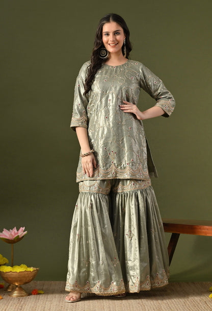 Green Gharara Set with Zardozi, Dabka, Sequin, Pearl & Kundan Work.