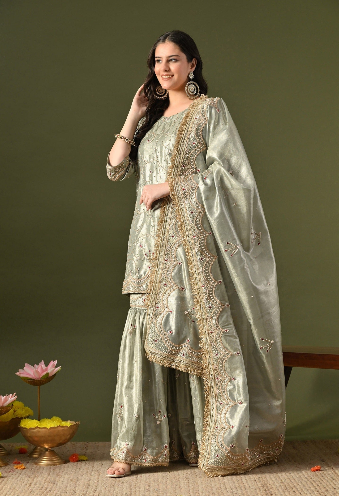 Green Gharara Set with Zardozi, Dabka, Sequin, Pearl & Kundan Work.