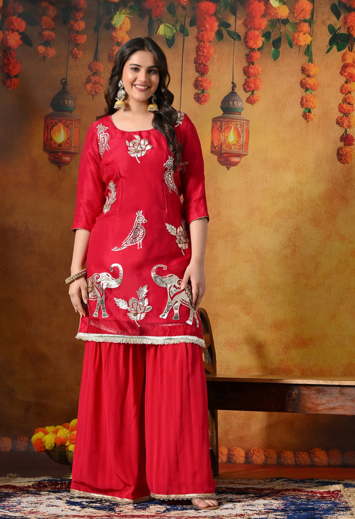 Graceful Rani Pink Gharara Set With Gotta , Zardozi & Applique Work
