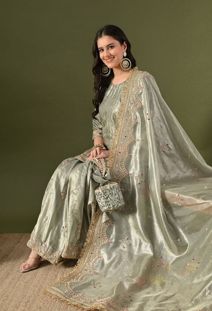 Green Gharara Set with Zardozi, Dabka, Sequin, Pearl & Kundan Work.