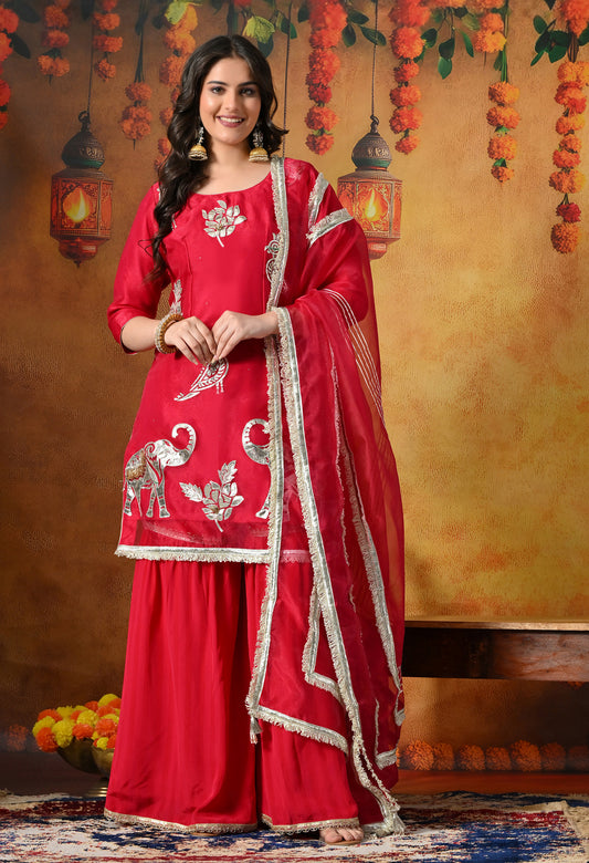 Graceful Rani Pink Gharara Set With Gotta , Zardozi & Applique Work