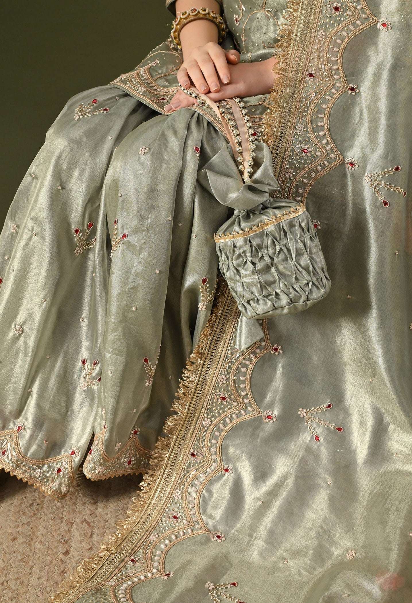 Green Gharara Set with Zardozi, Dabka, Sequin, Pearl & Kundan Work.