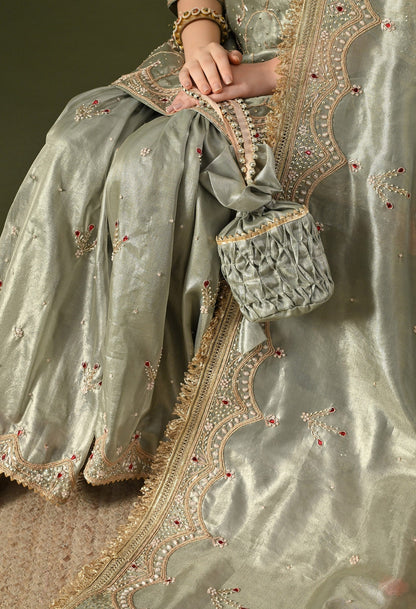 Green Gharara Set with Zardozi, Dabka, Sequin, Pearl & Kundan Work.