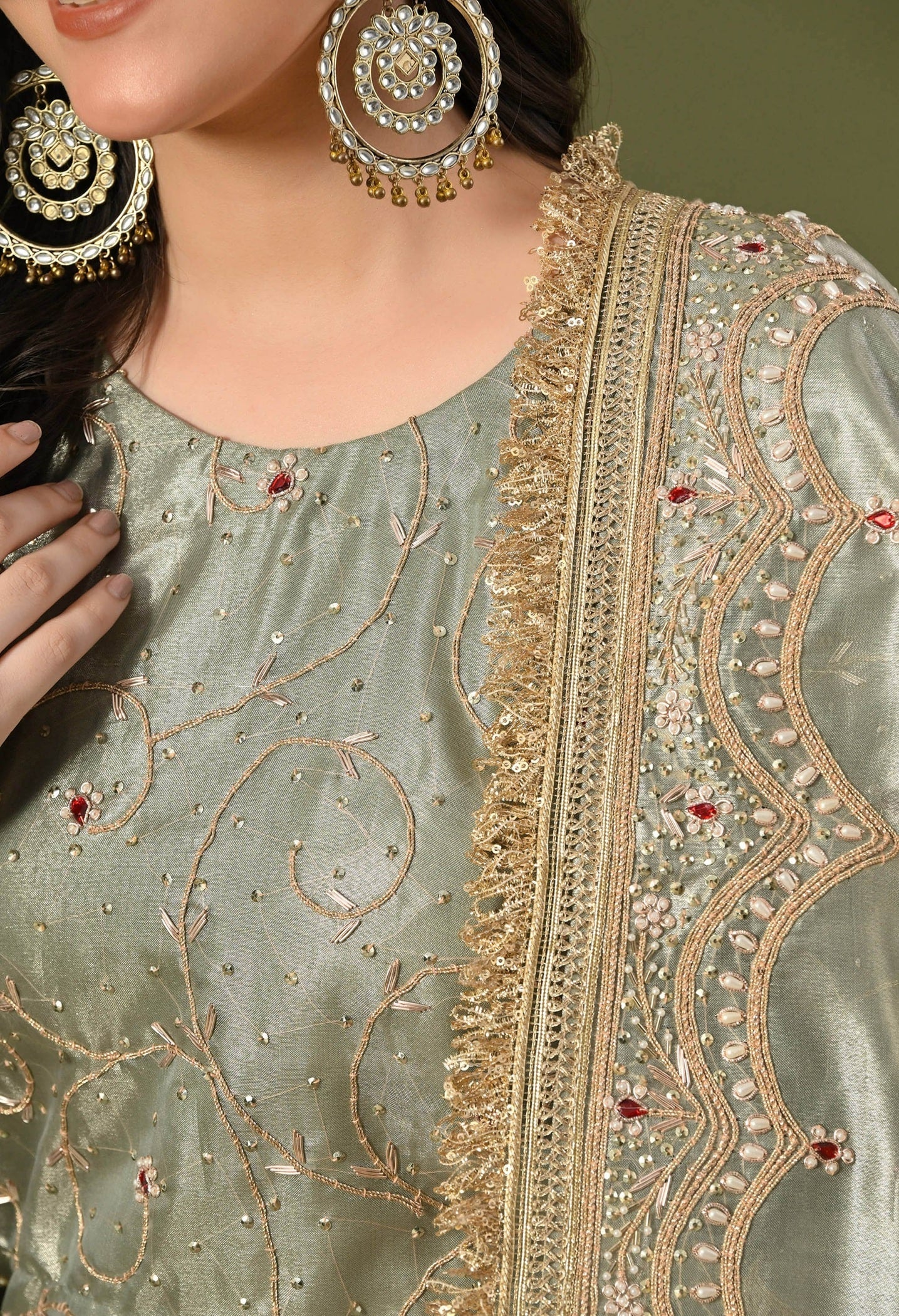 Green Gharara Set with Zardozi, Dabka, Sequin, Pearl & Kundan Work.
