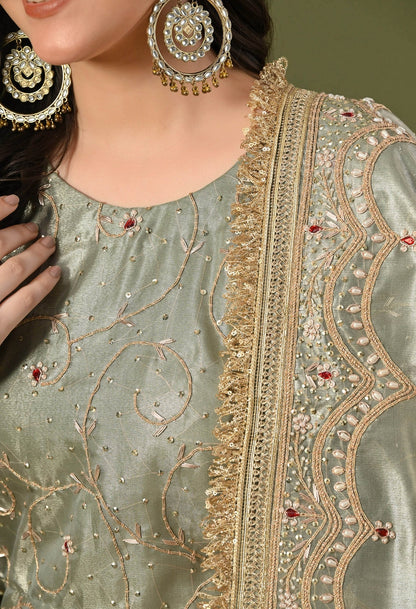 Green Gharara Set with Zardozi, Dabka, Sequin, Pearl & Kundan Work.