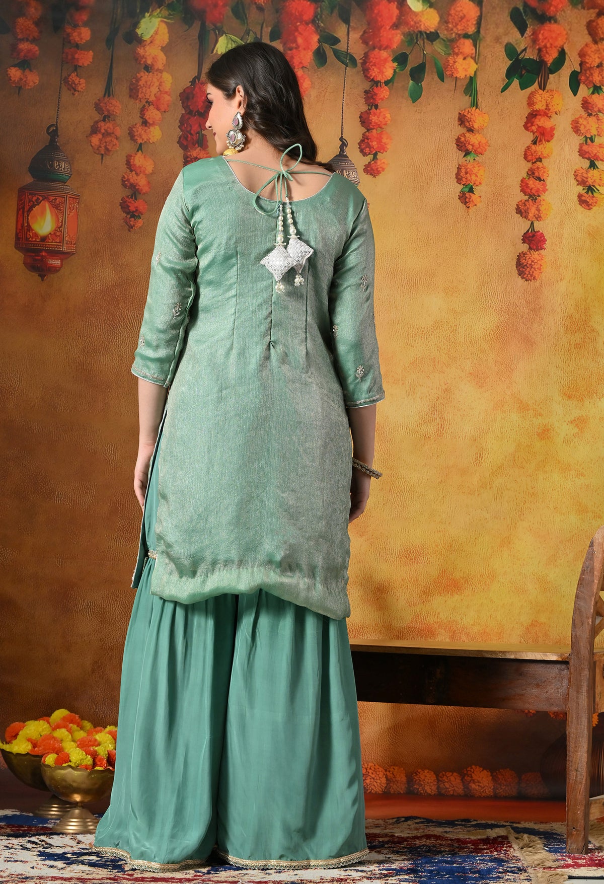 Mint Green Gharara Set With Zardozi, Crystal & Pearl Work