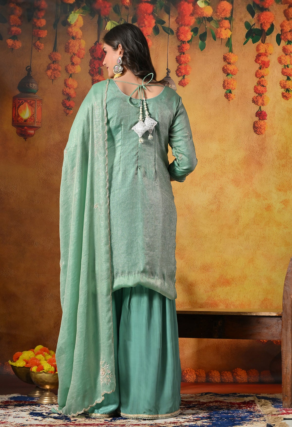 Mint Green Gharara Set With Zardozi, Crystal & Pearl Work