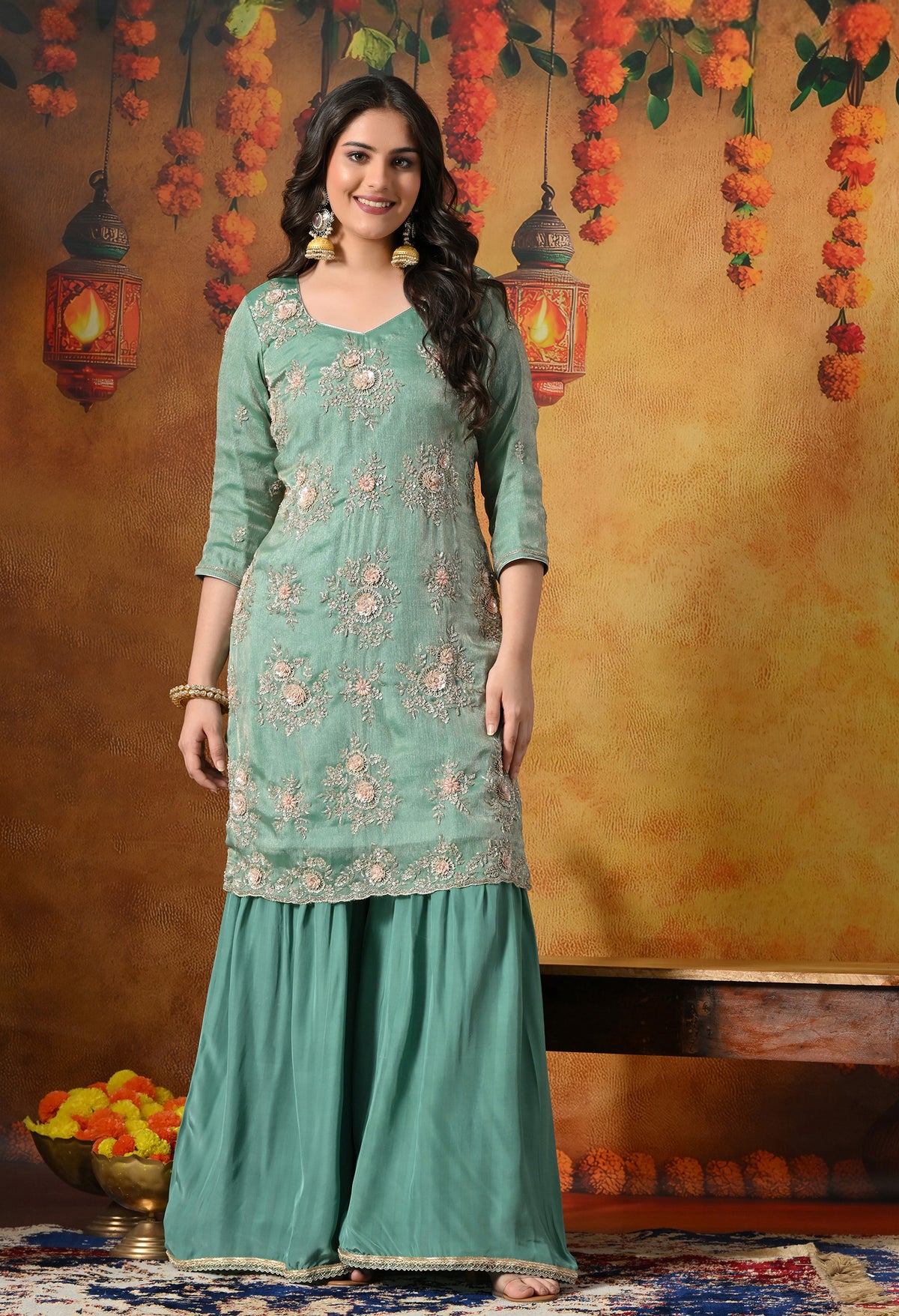 Mint Green Gharara Set With Zardozi, Crystal & Pearl Work