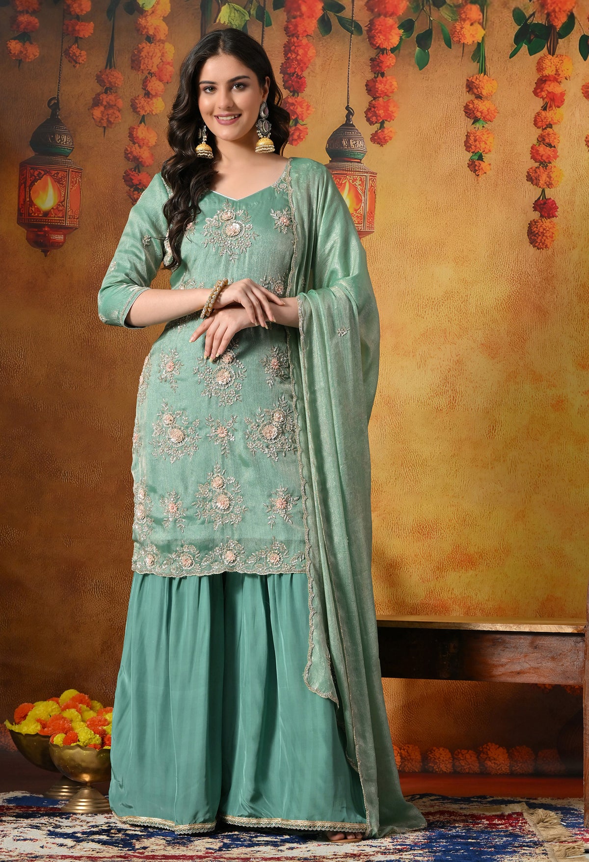 Mint Green Gharara Set With Zardozi, Crystal & Pearl Work
