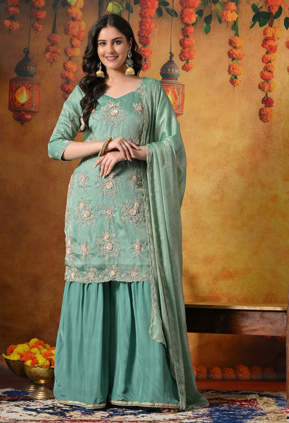 Mint Green Gharara Set With Zardozi, Crystal & Pearl Work