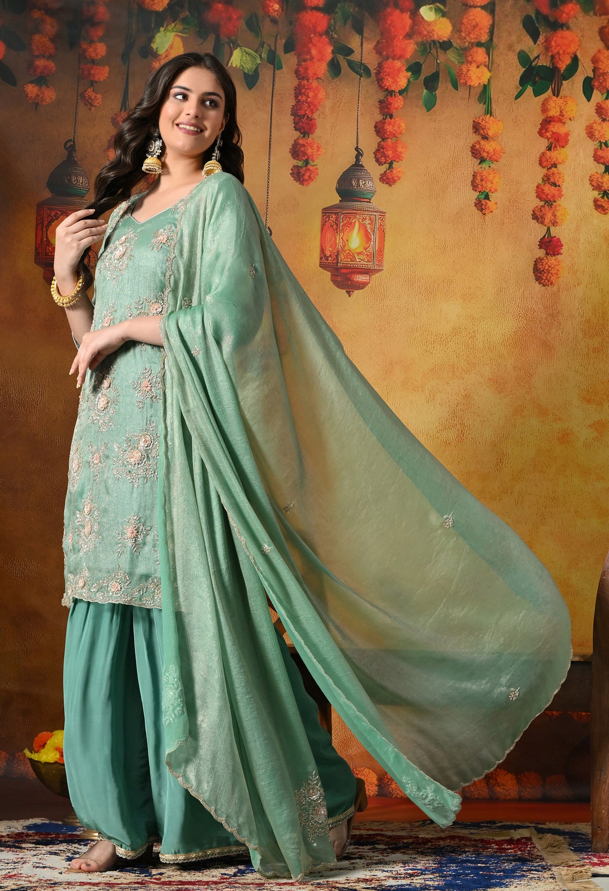 Mint Green Gharara Set With Zardozi, Crystal & Pearl Work