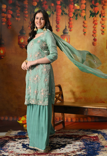 Mint Green Gharara Set With Zardozi, Crystal & Pearl Work