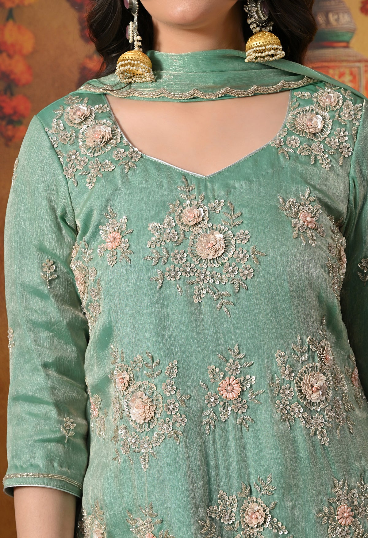 Mint Green Gharara Set With Zardozi, Crystal & Pearl Work