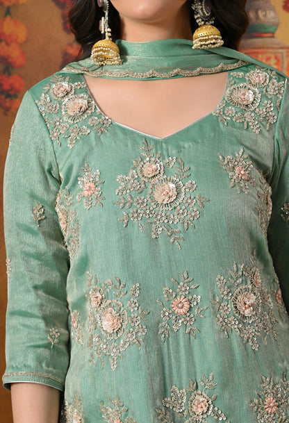 Mint Green Gharara Set With Zardozi, Crystal & Pearl Work