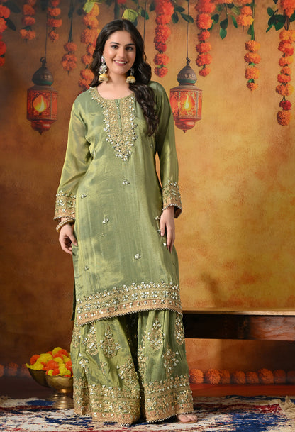 Light Green Gharara Set with Gotta & Zardozi Embroidery