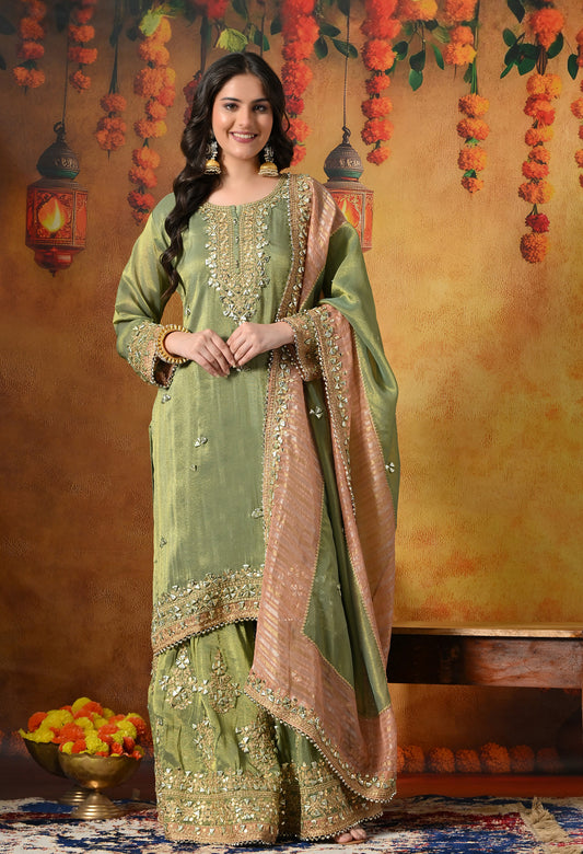 Light Green Gharara Set with Gotta & Zardozi Embroidery