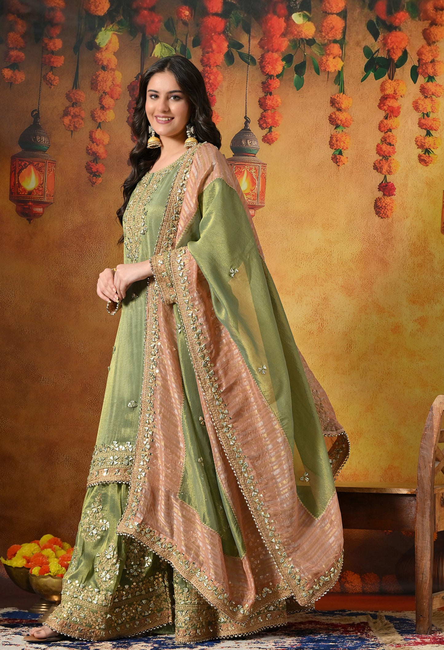 Light Green Gharara Set with Gotta & Zardozi Embroidery