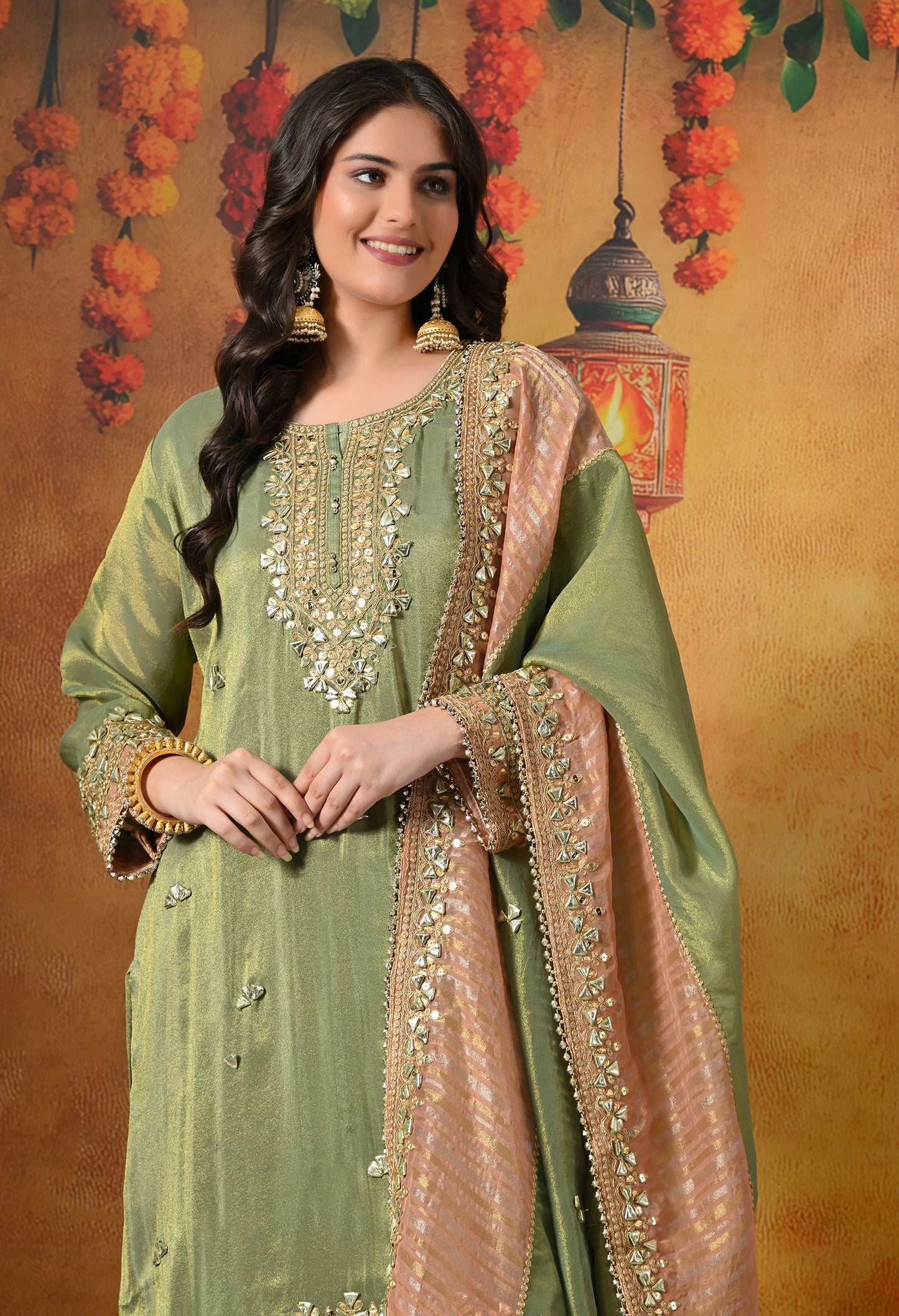 Light Green Gharara Set with Gotta & Zardozi Embroidery