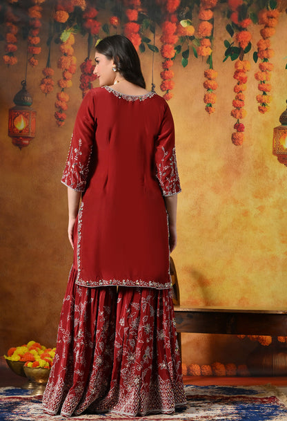 Rich Maroon Crepe Gharara Set with Thread and Sequin Embroidery