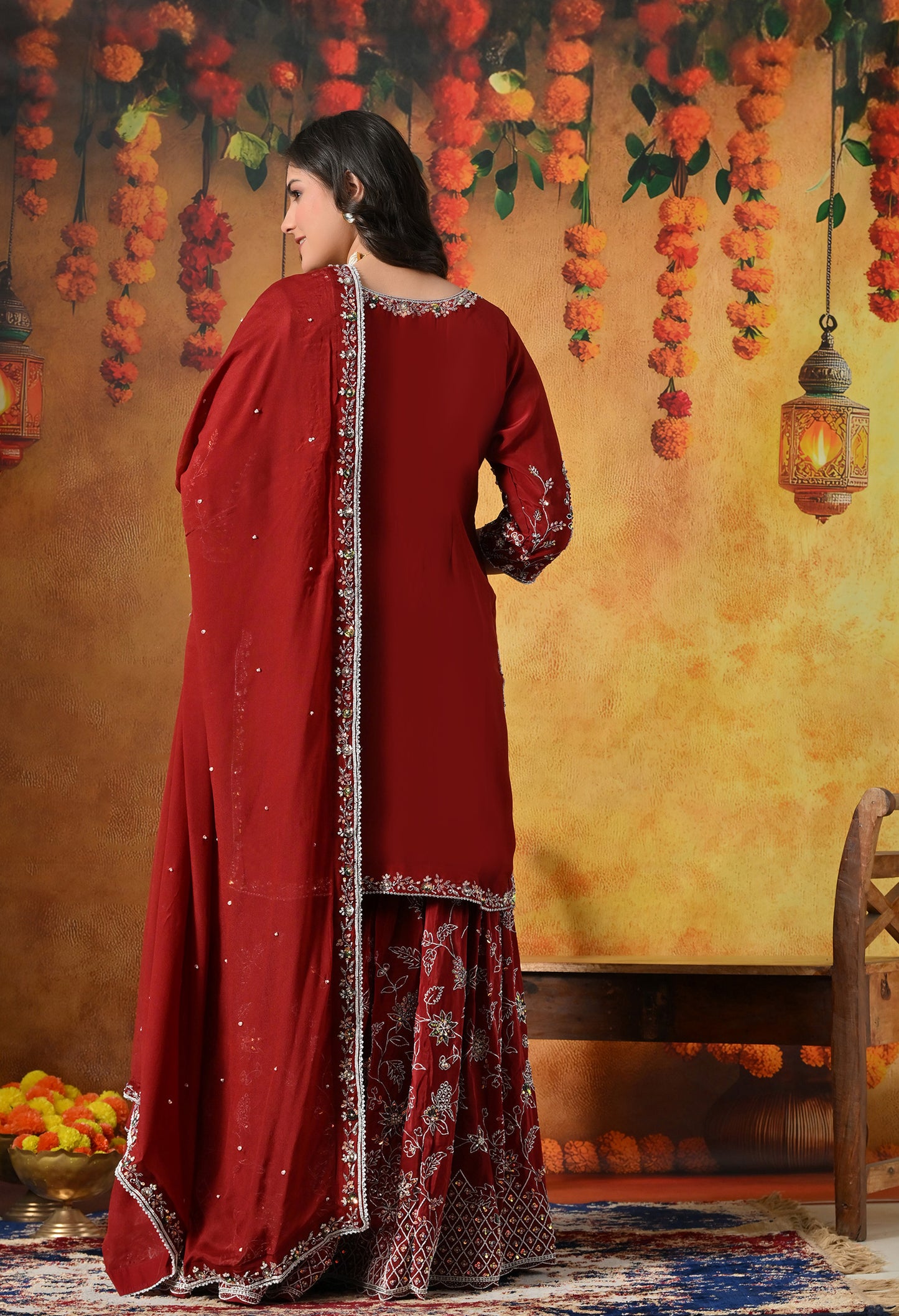 Rich Maroon Crepe Gharara Set with Thread and Sequin Embroidery