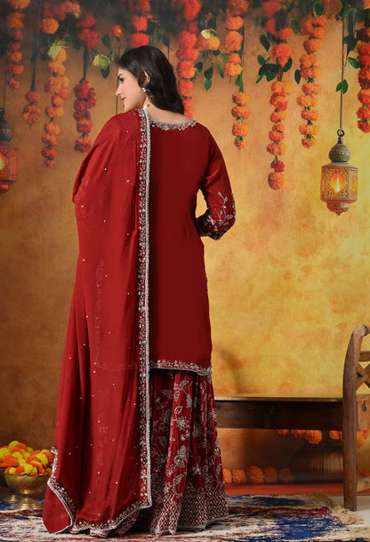 Rich Maroon Crepe Gharara Set with Thread and Sequin Embroidery