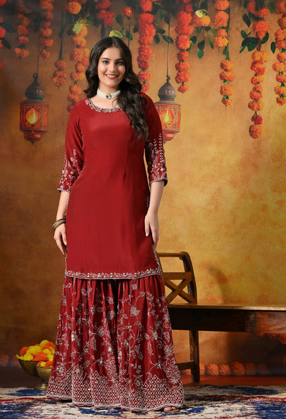 Rich Maroon Crepe Gharara Set with Thread and Sequin Embroidery