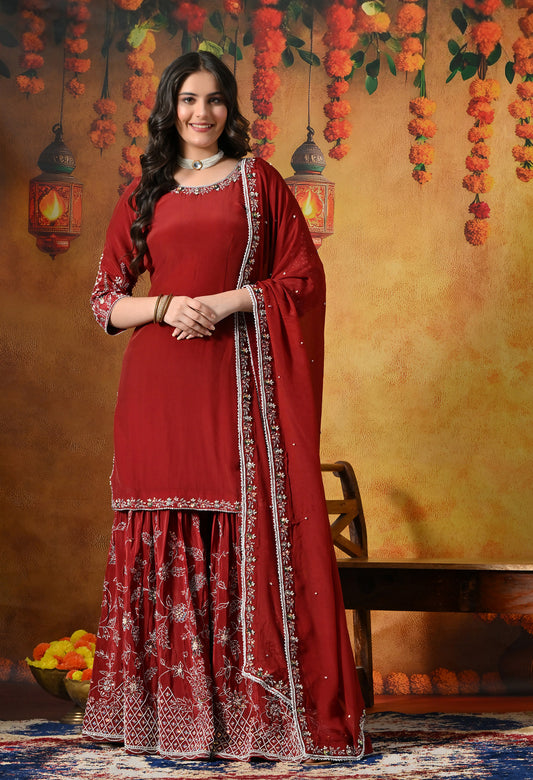 Rich Maroon Crepe Gharara Set with Thread and Sequin Embroidery