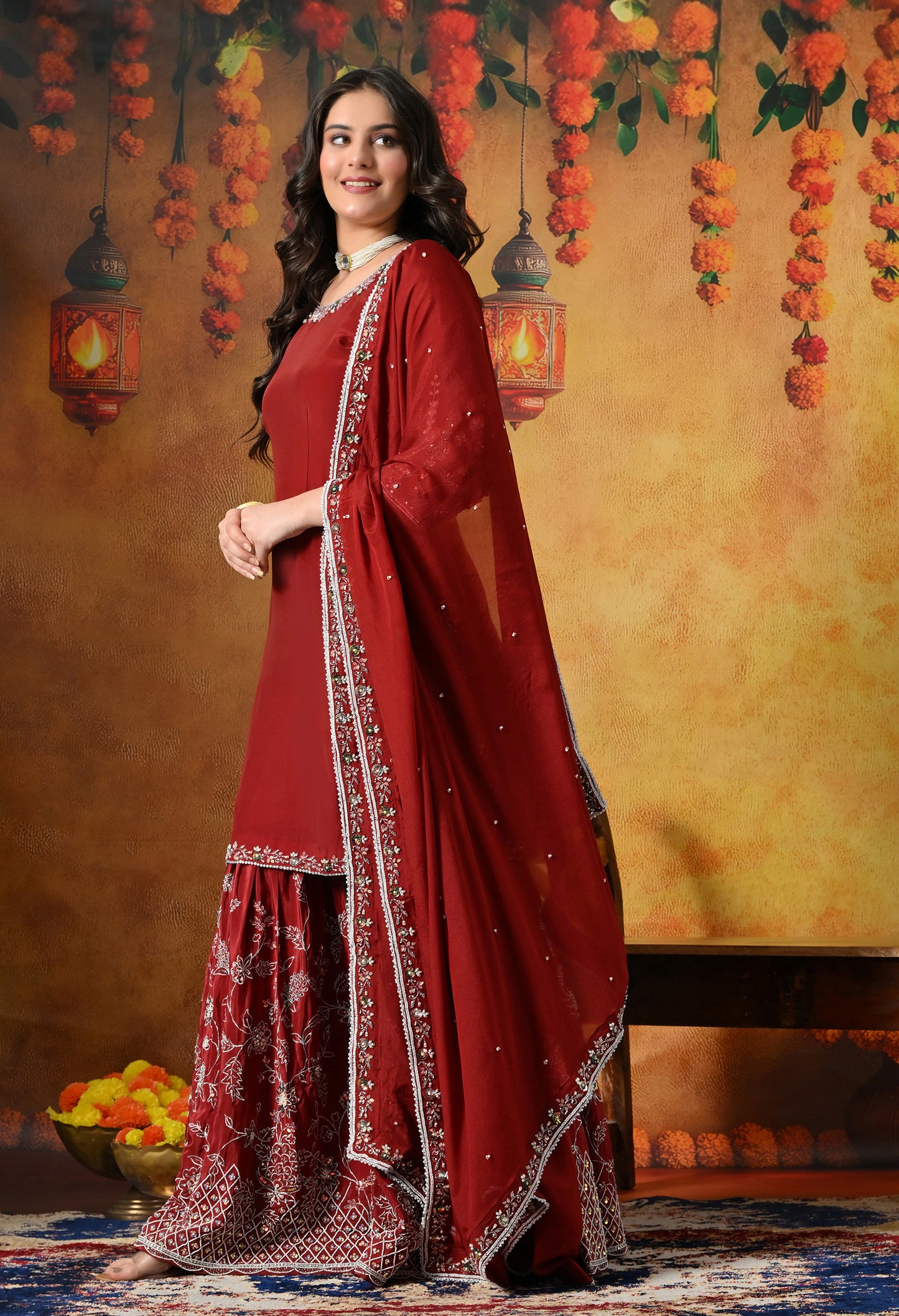 Rich Maroon Crepe Gharara Set with Thread and Sequin Embroidery
