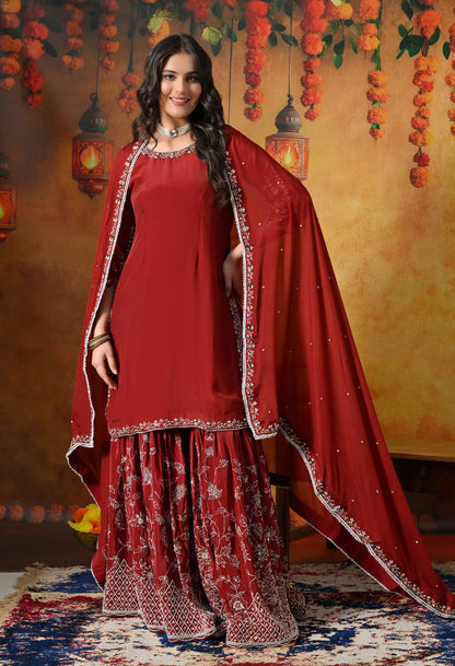 Rich Maroon Crepe Gharara Set with Thread and Sequin Embroidery