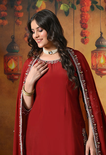 Rich Maroon Crepe Gharara Set with Thread and Sequin Embroidery